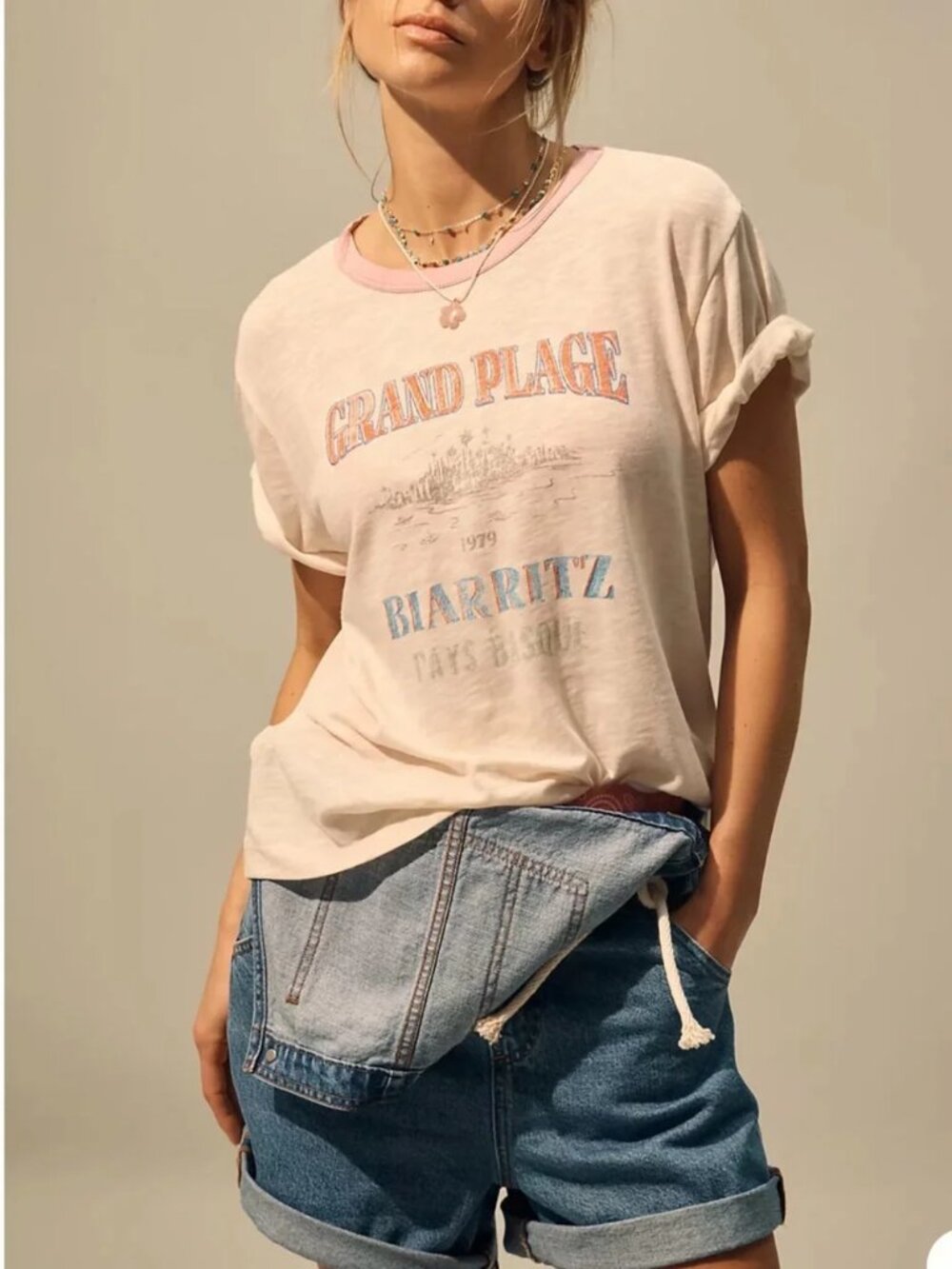 Anthropologie Pilcro Grand Plage Biarritz Graphic Ringer Tee Womens Large